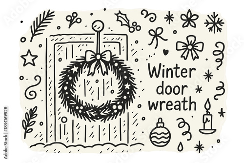 Festive Winter Wreath. Winter door wreath. Hand-drawn doodle illustration of Winter door wreath. Central