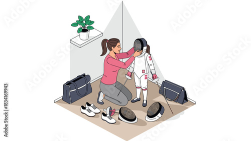Mother helping daughter prepare for fencing match in modern room setting