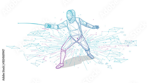 Dynamic low poly fencer with geometric explosions in motion