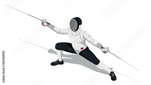 Modern isometric fencing athlete in dynamic pose with saber