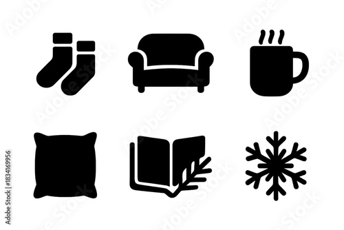 Cozy Evening Icons. Warm cozy evening. Filled icon set of Warm cozy evening: socks, couch, blanket, mug,
