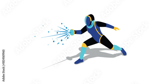 Modern isometric fencer in dynamic pose with stylish blue and yellow gear