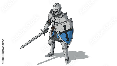 Medieval knight in full armor with sword and shield on white background