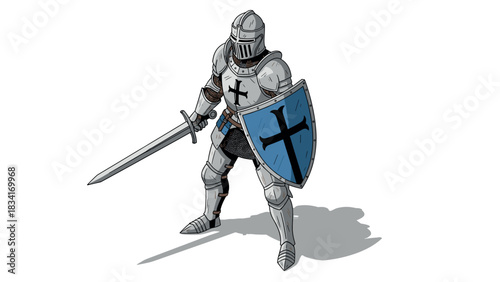 Medieval knight in armor with sword and shield on white background