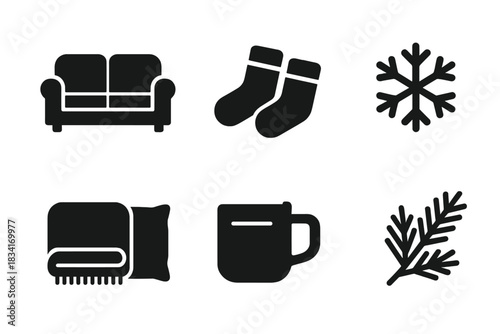 Cozy Icon Collection. Cozy living space. Filled icon set of Cozy living space: couch, socks, blanket, pillow,