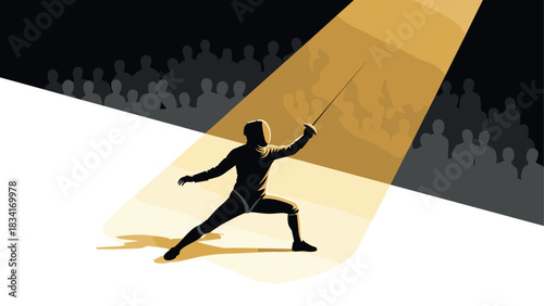Fencer in dramatic spotlight against audience silhouette