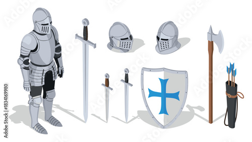 Medieval knight armor collection with swords and shield in isometric style