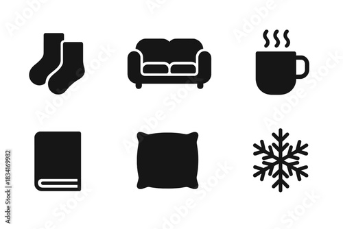 Cozy Icon Collection. Cozy indoor scene. Filled icon set of Cozy indoor scene: socks, couch, blanket, mug,