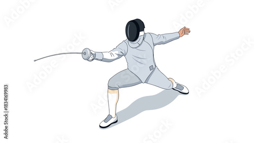 Dynamic fencing pose in full gear with sword and helmet on white background