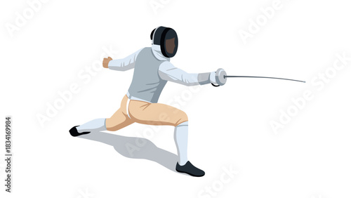 Dynamic fencing pose: modern athlete in action with sword and helmet