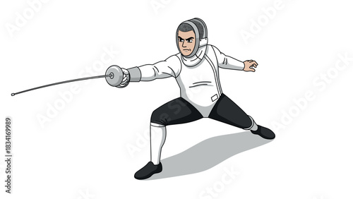 Fencer in dynamic pose with sword and protective gear on white background
