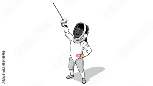 Isometric fencing athlete holding sword triumphantly in white uniform