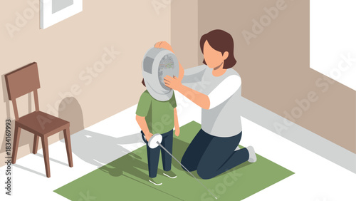 Mother helping child with toy astronaut helmet in playful home setting