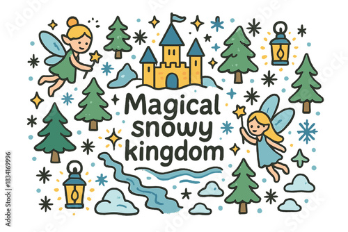 Magical Snowy Kingdom. Magical snowy kingdom. Hand-drawn doodle illustration of Magical snowy kingdom. castle,