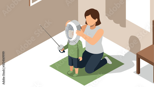 Mother helping child with fencing helmet in bright isometric room setting
