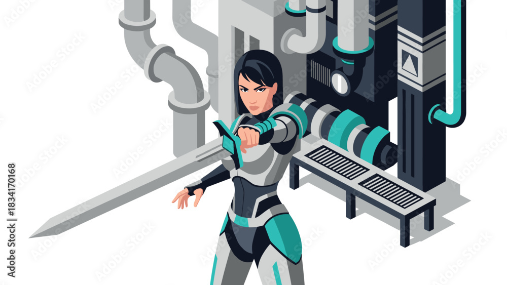 Fototapeta premium Futuristic warrior with sword in industrial sci-fi environment
