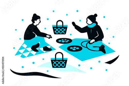 Snowy Picnic Delight. Snowy Picnic Gathering. Flat minimalist vector illustration of a Snowy Picnic Gathering.
