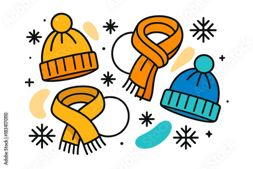 Winter Accessories Flat Lay. Winter accessories flat lay. Collection of beanies and scarves, abstract floating