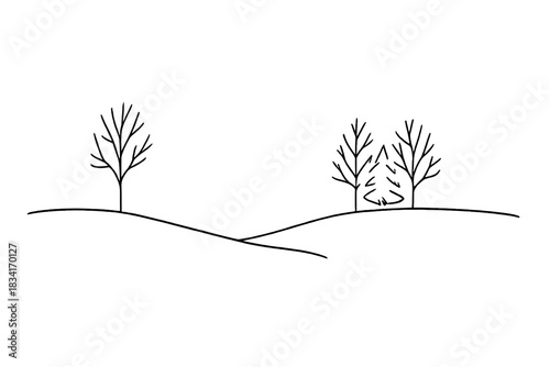 Minimalist Winter Silhouette. Winter calm landscape. Minimalistic one-line drawing quiet snowy ground with