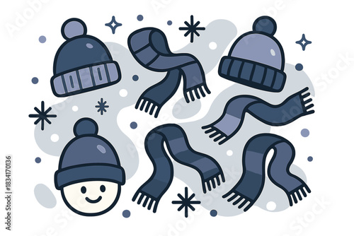Winter Fashion Collection. Winter fashion set. Beanie and scarf collection, abstract floating snowflakes, soft