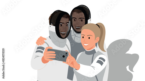 Fencers taking selfie in uniforms and masks
