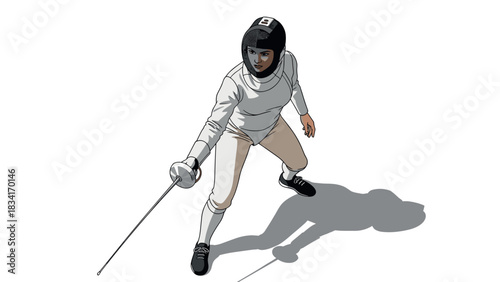 Fencer in action posing with sword and mask, ready for competition