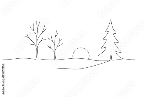 Minimalist New Year Sunrise. Silent New Year morning. Minimalistic one-line drawing sparse trees and snow with