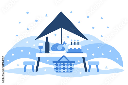 Festive Outdoor Picnic. Holiday Outdoor Feast. Flat minimalist vector illustration of a Holiday Outdoor Feast.