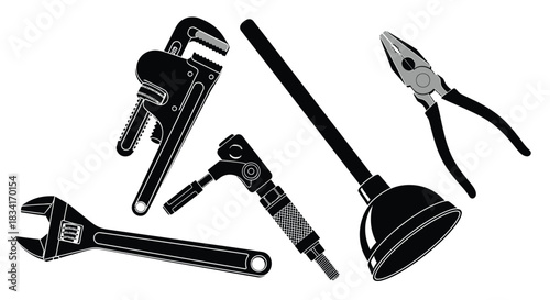 Plumbing tools vector illustration wrenches pliers plunger repair