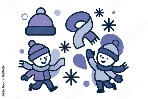 Cozy Winter Fashion. Winter fashion set. Beanie and scarf collection, abstract floating snowflakes, soft