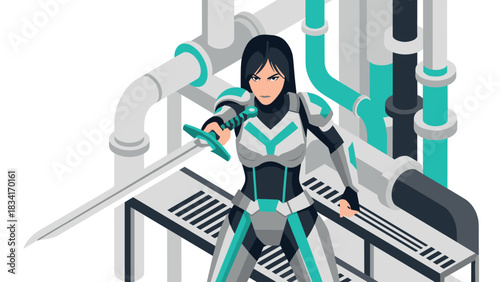 Futuristic warrior in armor holding sword in industrial setting