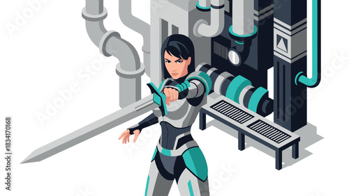 Futuristic warrior with sword in industrial sci-fi environment