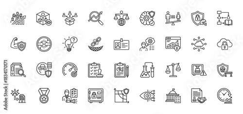 Corporate integrity and business security line icon set. Vector pictograms of risk management, data protection, and legal compliance, thin outline illustration.