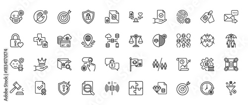 Data privacy and security line icon set. Vector pictograms of legal compliance, protection, justice, and personal rights, thin outline illustration.