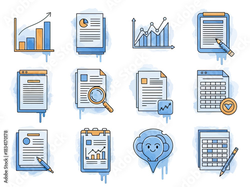 Business analytics and financial data visualization icons for reports and presentations