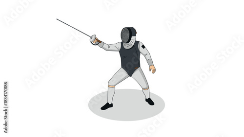 Dynamic fencing pose with mask and sword on white background