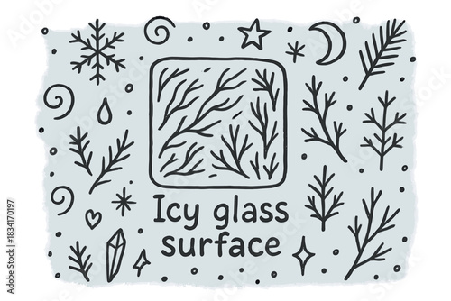 Frosted Glass Design. Icy glass surface. Hand-drawn doodle illustration of Icy glass surface. Central doodle
