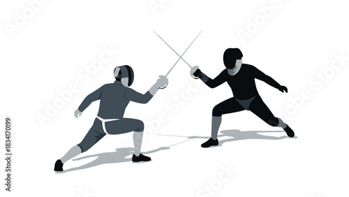 Dynamic fencing duel: monochrome silhouette of two fencers in action