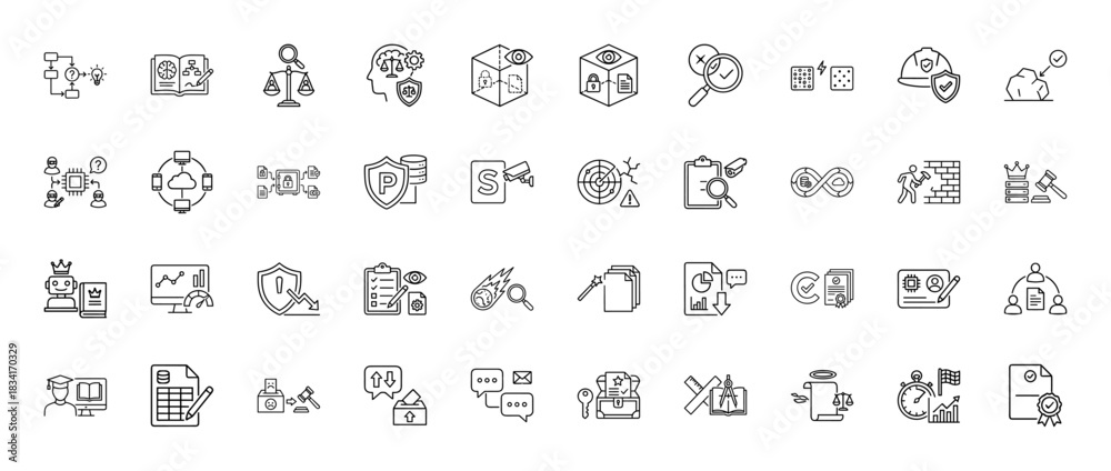 Fototapeta premium Business and security line icon set. vector pictograms of strategy, data analysis, law, blockchain, and quality control, thin outline illustration.