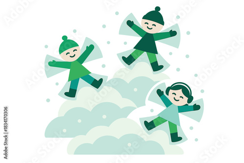 Children Making Snow Angels. Children in Snow Fun. Flat minimalist vector illustration of Children in Snow Fun