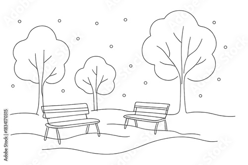 Minimalist Snowy Park. Snowy park morning. Minimalistic one-line drawing empty benches and trees under fresh