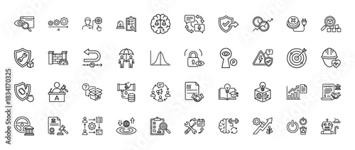 Business and technology line icon set. Vector pictograms of ai brain, security shield, legal gavel, robot, data chart, gears, lock and handshake, thin outline illustration.