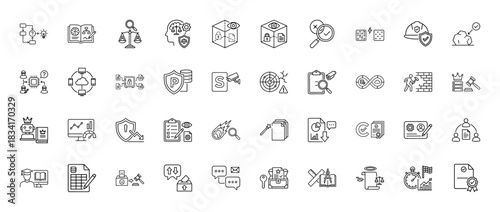 Business and security line icon set. vector pictograms of strategy, data analysis, law, blockchain, and quality control, thin outline illustration.