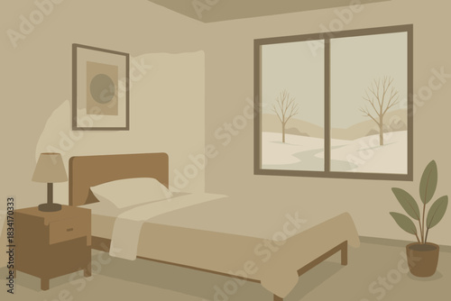 Minimalist Winter Bedroom. Muted winter morning minimalist flat illustration of bedroom with simple geometric