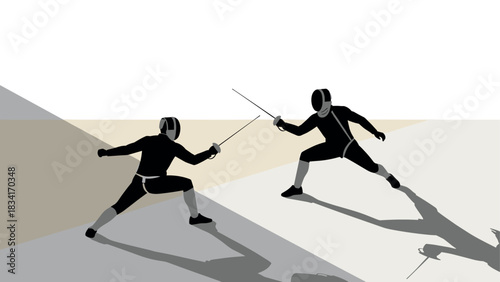 Fencing duel silhouette on geometric background capturing dynamic action and sport tension