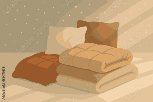 Cozy Winter Aesthetic. Warm winter bedding minimalist flat illustration of stylized blankets and pillows with