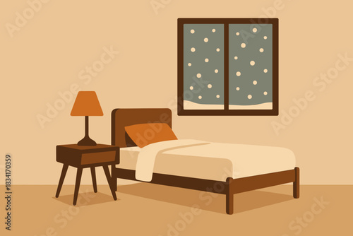 Minimalist Winter Bedroom. Minimal cozy winter bedroom minimalist flat illustration of a small bed with