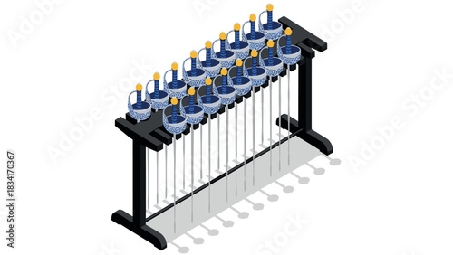 Isometric musical instrument display with traditional blue and gold bells