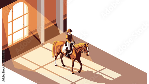 Isometric design of equestrian rider in sunlit indoor arena