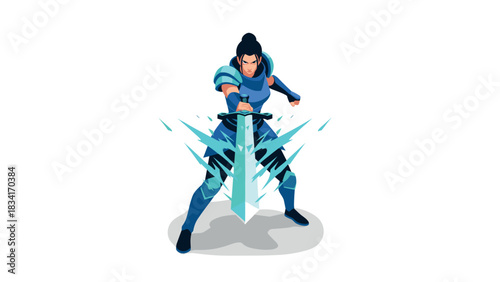Dynamic warrior woman with energy sword in vibrant action pose on white background